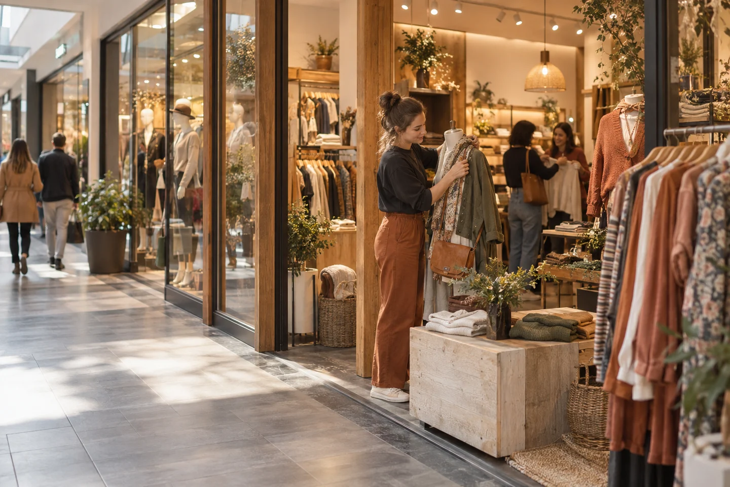 Une commerçante prépare la vitrine de sa boutique dans un centre commercial