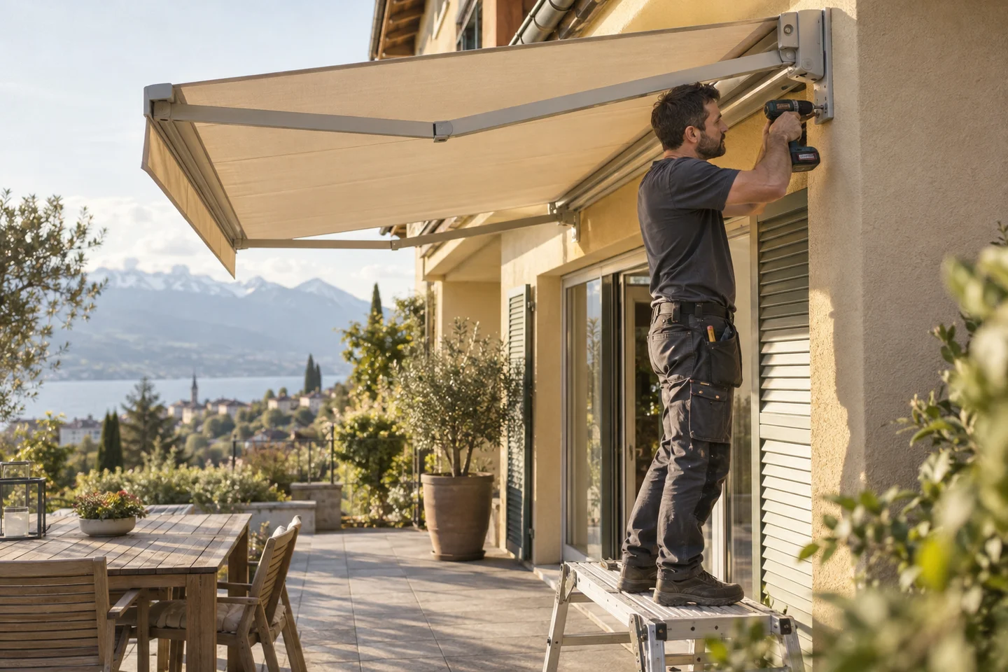 Un installateur fixe un store extérieur au-dessus d’une terrasse